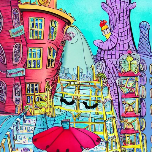 Image similar to fanciful city filled with curvy buildings, by dr seuss, oh the places you'll go, arches, platforms, towers, bridges, stairs, colorful kids book illustration