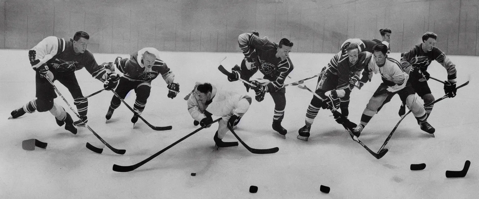 Image similar to detailed sharp photograph in the style of popular science circa 1 9 5 5 of a hockey game