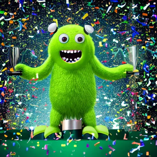 Prompt: a jubilant monster holding a trophy, celebrating a big win, green confetti flying around