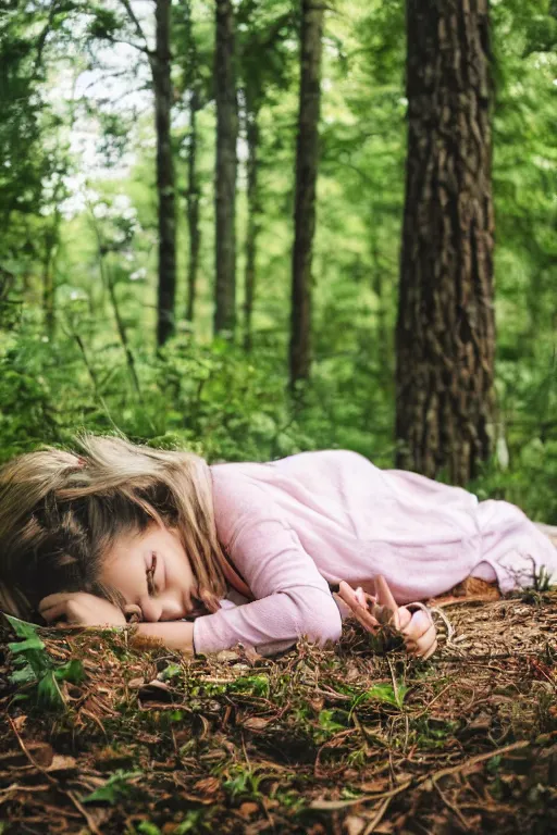 Image similar to girl waking up in the middle of a forest