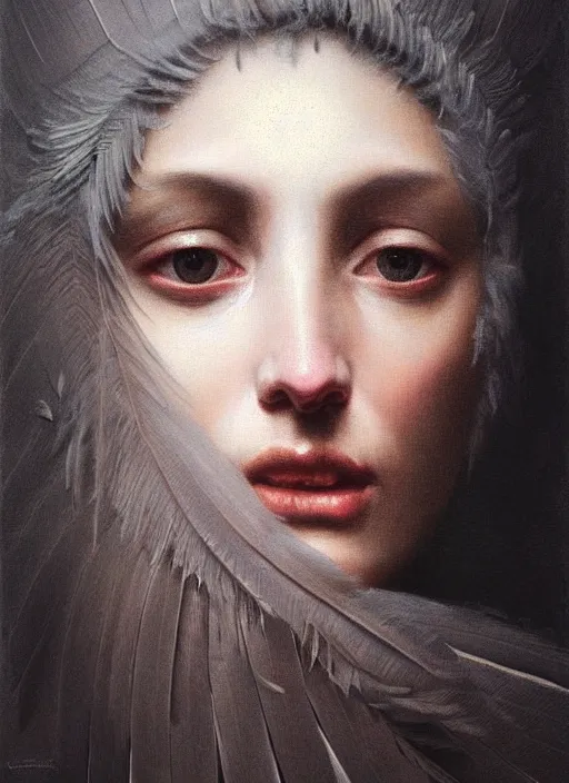 Prompt: portrait of a woman's face made of feathers and veiled in silver, by jacques - louis david, by greg rutkowski, by zdzisław beksinski, by josep tapiro baro, trending on artstation, featured on pixiv, masterpiece, oil on canvas, cinematic composition, dynamic beautiful lighting,