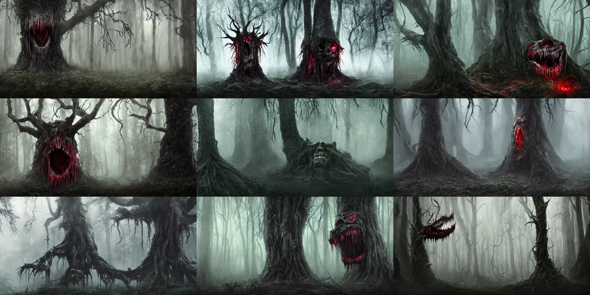 Prompt: dark forest shrouded in mist, a tree with bloody fanged mouth gaping open fangs visible, screaming face on tree trunk with fangs, forbearing, oppressive, epic composition, digital art, concept art, 4 k, highly detailed