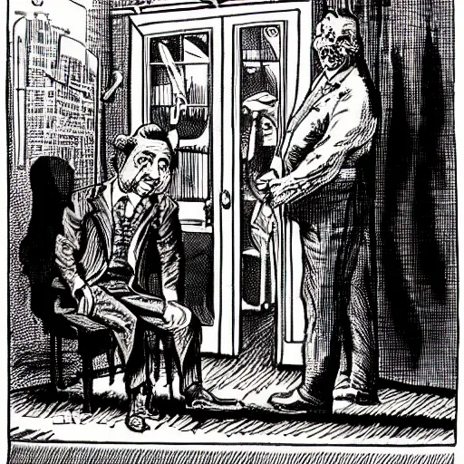 Prompt: an ultra - wealthy landlord with chained slaves by his feet, by robert crumb