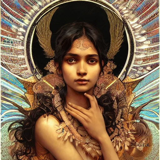 Prompt: Sri lankan girl as a winged angel covered in eyes with glowing halo, iridescent, seraphim, fantasy, intricate, elegant, highly detailed, digital painting, artstation, concept art, smooth, sharp focus, illustration, art by Krenz Cushart and Artem Demura and alphonse mucha