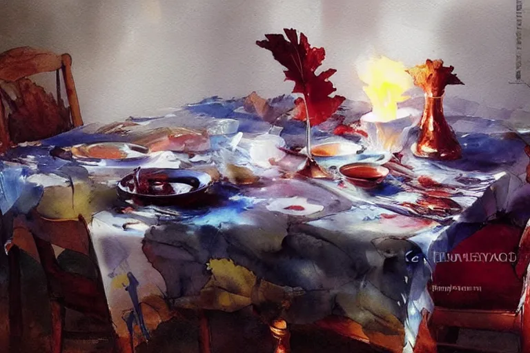 Prompt: paint brush strokes, abstract watercolor painting of deliciousness on table cloth, leaves, art by hans dahl, by jesper ejsing, art by anders zorn, wonderful masterpiece by greg rutkowski, cinematic light, american romanticism by greg manchess, creation by tyler edlin