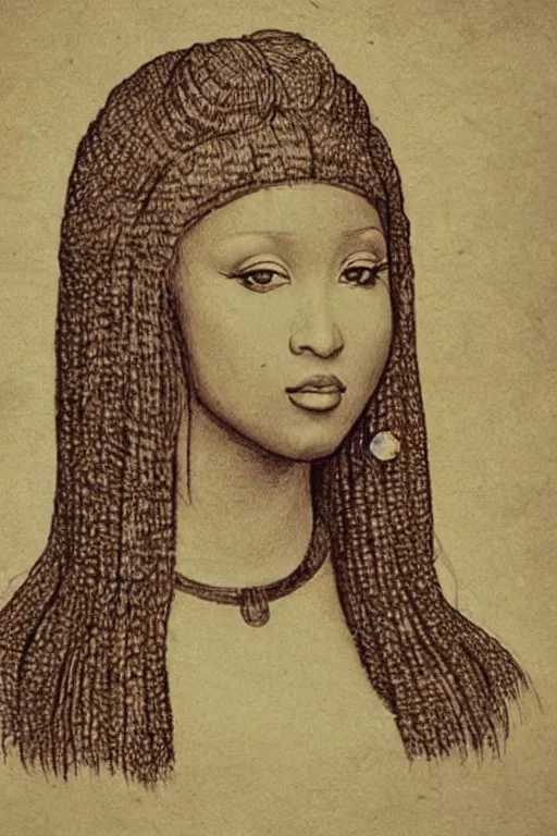 Image similar to a portrait of nicki minaj in the style of leonardo da vinci drawing,, single head, no double head,