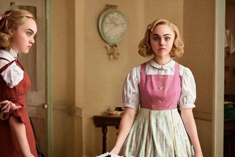Prompt: mid-shot of AnnaSophia Robb as a maid in the new movie directed by Wes Anderson, symmetrical shot, idiosyncratic, relentlessly detailed, pastel, limited colour palette, detailed face, movie still frame, promotional image, imax 70 mm footage