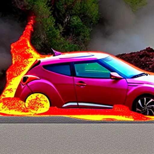 Prompt: a hyundai veloster stuck in molten lava