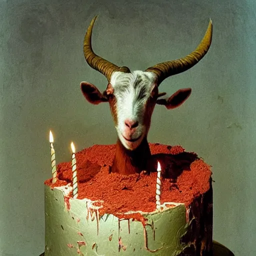 Image similar to a goat's birthday cake, from the terrifying and incomprehensible beyond, body horror, by gerard brom, zdzisław beksinski and ansel adams