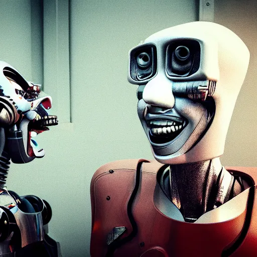 Prompt: Robots laughing at humans trying to generate images, 4k, cyberpunk, grunge