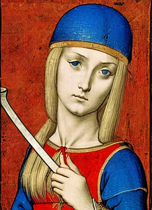 Image similar to young woman in medieval clothing, blue eyes and blond hair, a ribbon in her hair, armed with a sword. art by giotto,