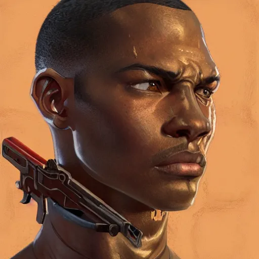 Image similar to Portrait of a black man with buzzcut as a soldier character in Fallout 4, gorgeous, beautiful, intricate, highly detailed, digital painting, artstation, oppressive lighting, concept art, sharp focus, illustration, art by greg rutkowski and alphonse mucha