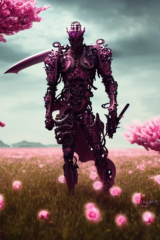 Image similar to illustration cinematic cyborg dragon holding katana in a field of pale pink flowers, highly detailed smooth digital art masterpiece, vitaly bulgarov dramatic light, ground angle uhd 8 k, sharp focus