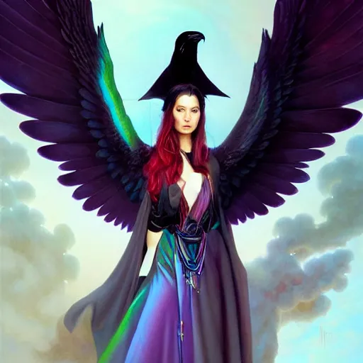 Prompt: character portrait of a modest robed raven angel with iridescent black raven wings, by Peter Mohrbacher, Artgerm, Mark Brooks, Jim Burns, Marina Abramović, Wadim Kashin