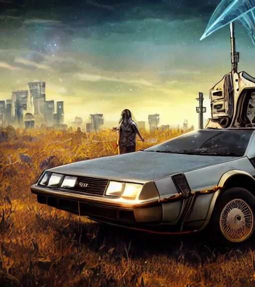 Prompt: an epic fantasy comic book style portrait painting of an abandoned futuristic delorean standing on a field near a cyberpunk city, studio ghibli, unreal 5, daz, hyperrealistic, octane render, cosplay, rpg portrait, dynamic lighting, intricate detail, harvest fall vibrancy, cinematic