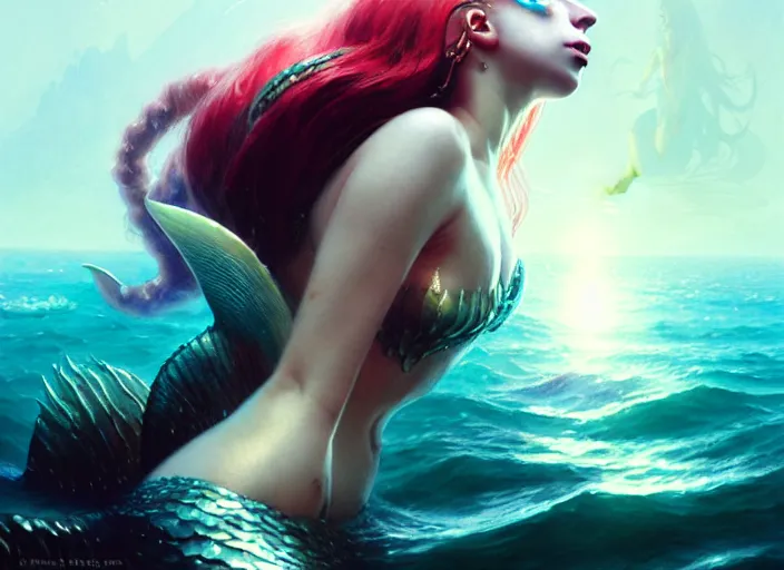 Image similar to lady gaga as a mermaid, intricate, sharp focus, lens flare, bloom, illustration, highly detailed, digital painting, concept art, matte, art by ruan jia and wlop and greg rutkowski