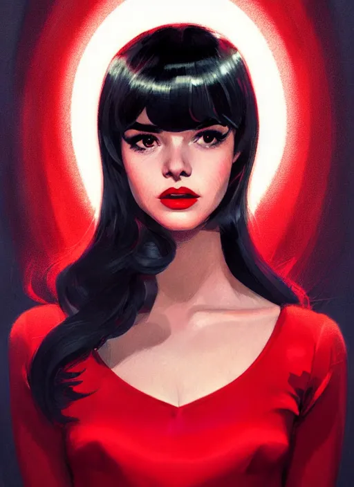 Image similar to portrait of veronica lodge with bangs, 1 9 6 0 s, long hair, red clothes, bangs, intricate, elegant, glowing lights, highly detailed, digital painting, artstation, concept art, smooth, sharp focus, illustration, art by wlop, mars ravelo and greg rutkowski