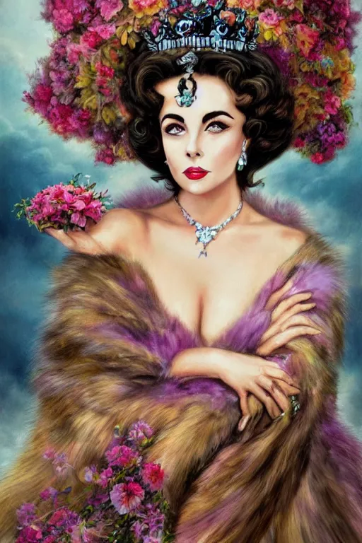 Image similar to center portrait fine art photo of the beauty princess elizabeth taylor, dramatic pose she has a crown of stunning flowers and fur stole and black dress gemstones, realistic eyes, background full of stormy clouds, by peter mohrbacher