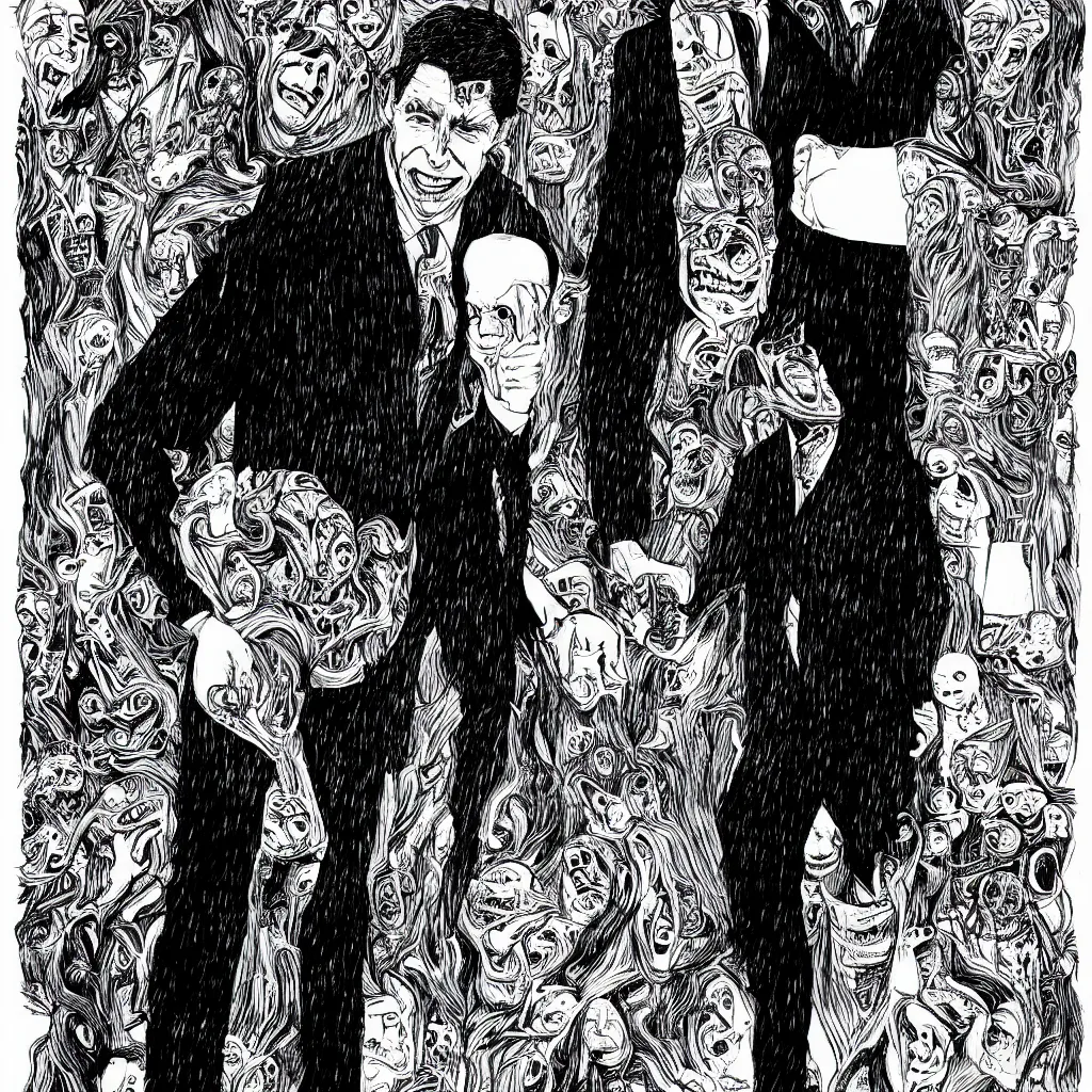 Image similar to Joe Biden full body portrait, body horror, black and white Illustration by Junji Ito