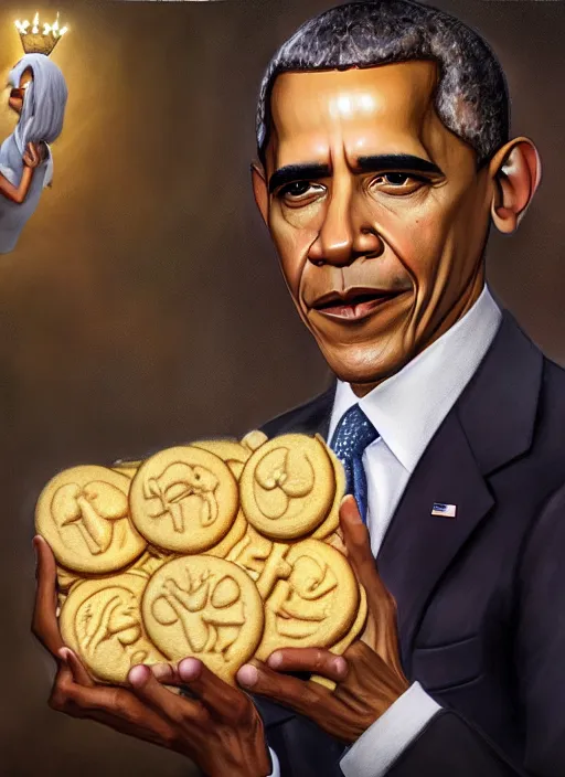 Image similar to highly detailed closeup portrait of obama as a fairytale medieval prince eating cookies, unreal engine, nicoletta ceccoli, mark ryden, lostfish, earl norem, global illumination, god rays, detailed and intricate environment