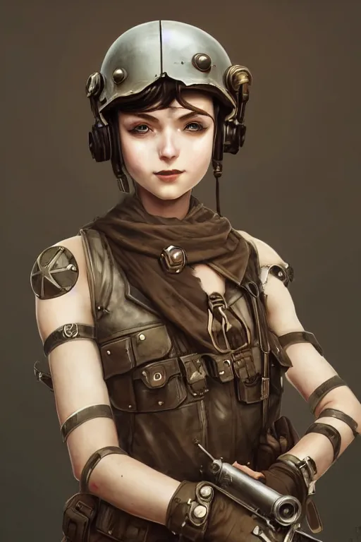 Prompt: dieselpunk soldier girl, helmet, shoulders, chest, portrait, desert, armored, highly detailed, sharp focus, art, illustrations by wlop and ayanamikodon and irakli nadar and loish and rossdraws, frostbite engine