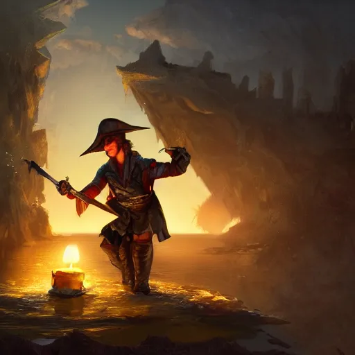 Image similar to concept art of a swashbuckler holding a candle discovering a sunken city, wearing a cape, wearing a night cap, highly detailed, digital art, illustration, artstation, very detailed, 4 k