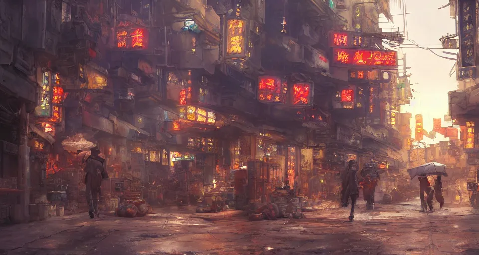 Image similar to craig mullins and ghibli digital art of chinatown street, sunset alley, erlang shen yang jian in a mecha shuttles through the ancient city of china, cyberpunk style, unreal engine, hyper realism, realistic shading, cinematic composition, realistic render, octane render, detailed textures, photorealistic, wide shot