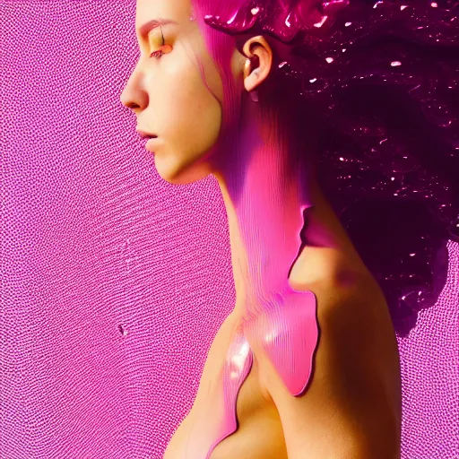 Prompt: flume and former cover art future bass girl unwrapped statue bust curls of hair petite lush body pleasure justice photography model water droplets futuristic organic material vibrant colours simple background Jonathan Zawada style