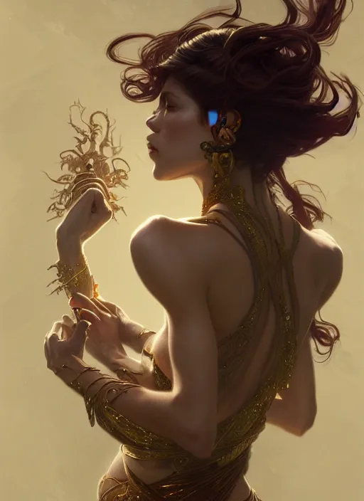 Image similar to dancer of the underworld, intricate, elegant, higly detailed, ultra definition, digital painting, artstation, unreal engine rendered, concept art, smooth, high speed, illustration, art by artgerm and greg rutkowski and alphonse mucha and james jean