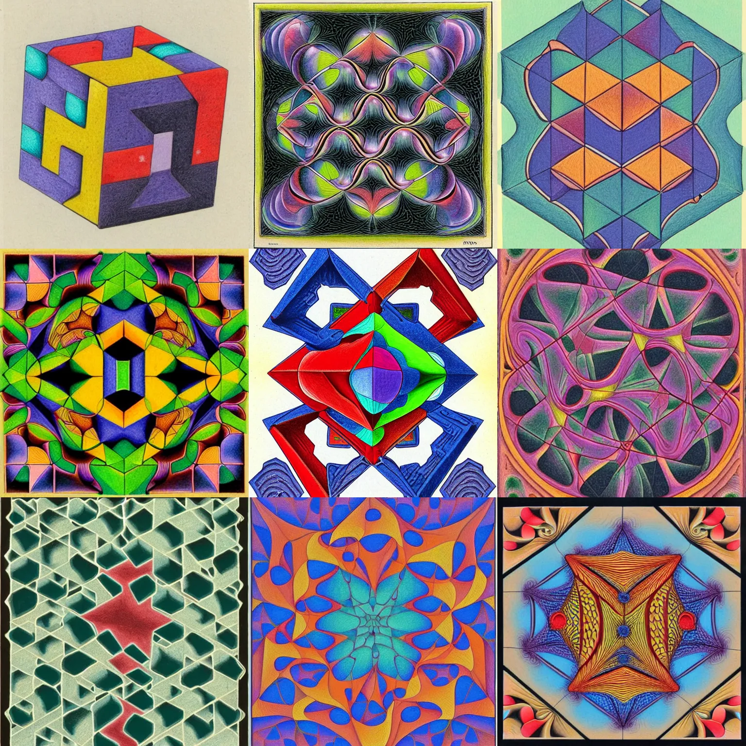 Prompt: fractal hybercube, by m. c. escher, colored, high detailed, colored pencil