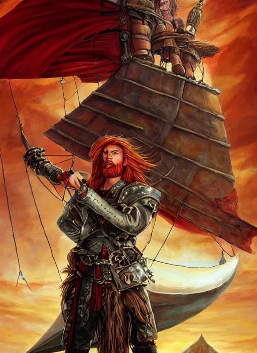 Prompt: epic fantasy portrait painting of a long haired, red headed male sky - pirate in front of an airship in the style of the simpsons