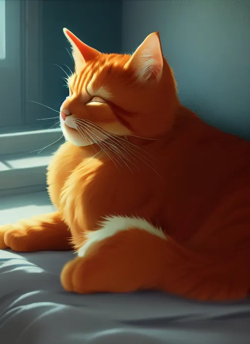 Image similar to a portrait of ginger cat, sleeping in a messy bedroom, sun - rays, studio ghibli, pixar and disney animation, sharp, rendered in unreal engine 5, anime key art by greg rutkowski, bloom, dramatic lighting