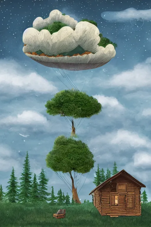 Image similar to a detailed illustration of a two storied wooden cabin floating on three giant fabric balloons through the clouds, an old tree is growing through its roof