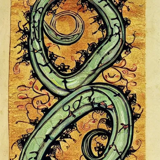 Image similar to a beautifully ornate and illuminated letter A, entwined serpents, vines, highly detailed