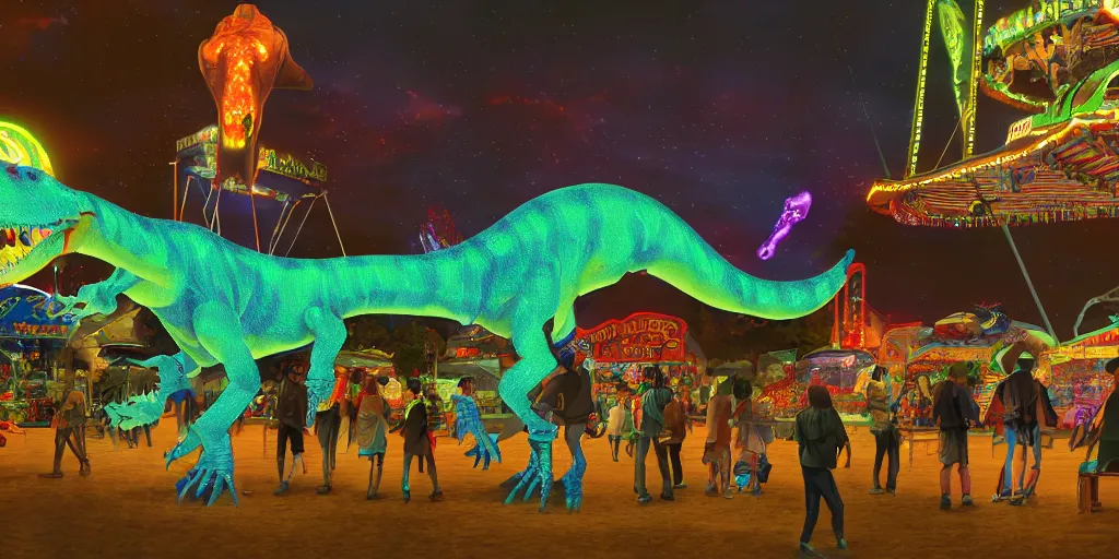 Image similar to glowing hologram dinosaur at the county fair by makoto shinkai