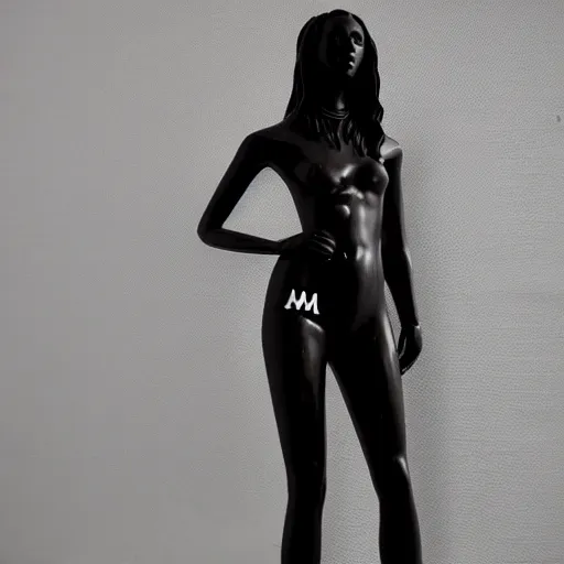Image similar to very very beautiful dark black marble statue of a beautiful woman with colorful motocross logos on the wall behinder in the background in the style of virgil abloh, dark soft lighting, cinematic, detailed, off white, heron preston, 8 k, 4 k, detailed, beautiful, symmetrical, vogue, editorial, fashion, magazine, museum lighting, night time, dark