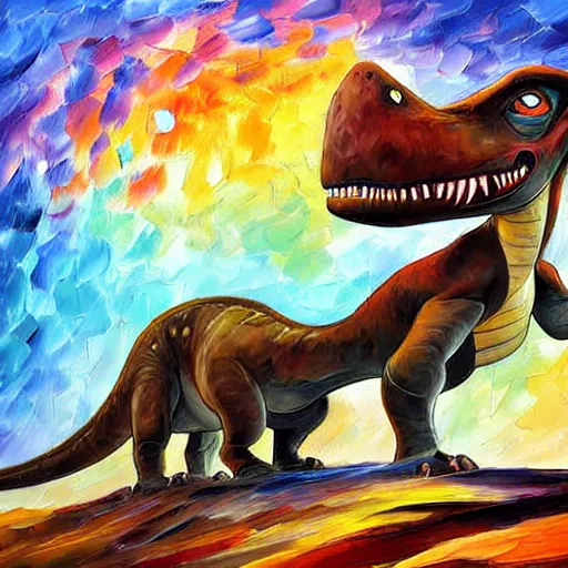 Image similar to digital painting of LittleFoot from The Land Before Time by Leonid Afremov, dinosaur