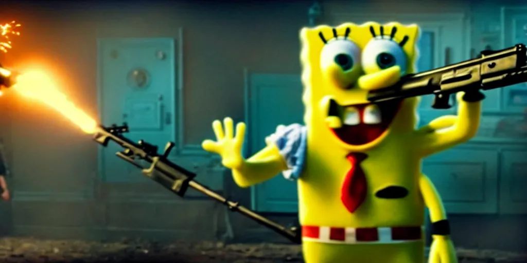 Prompt: high detail movie still of ultra realistic spongebob squarepants shooting an ak - 4 7 machine gun with muzzle flash, cinematic framing rule of thirds, cinematic light, in the style of battle field 5