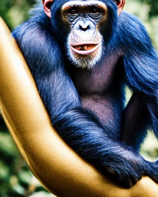 Image similar to gold, blue, photo of a chimpanzee, 8 k, 8 5 mm f 1. 8