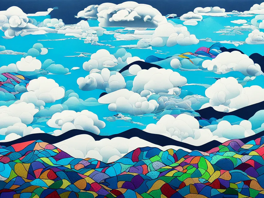 Image similar to hyperrealism general plan composition on the borders of the picture mountains, clouds, trees, sea and waves, empty space in the middle, pop - art style, jacky tsai style, acrylic on canvas