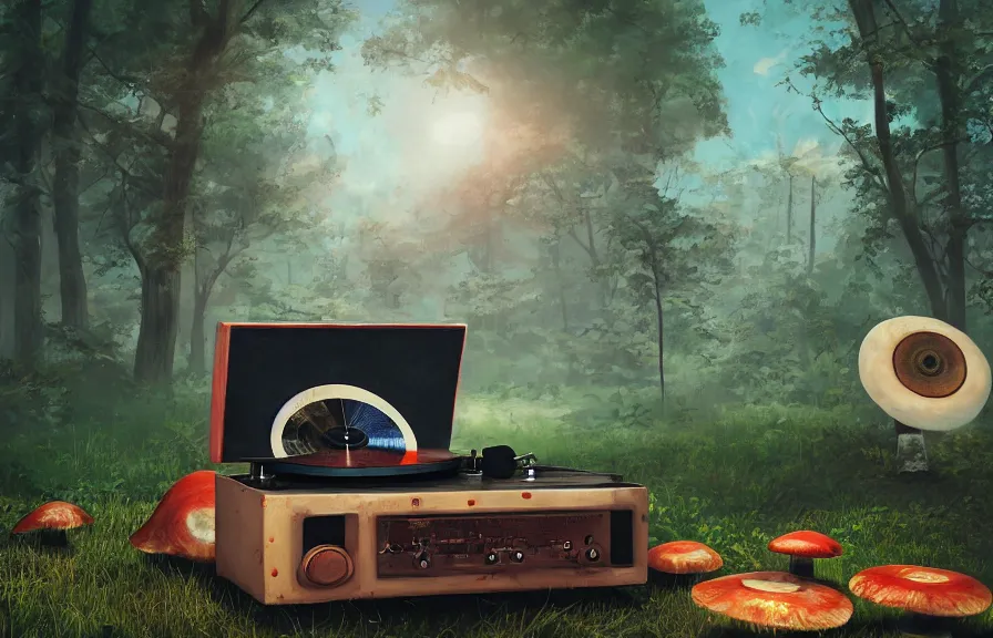 Image similar to A realistic painting of a vintage record player and speakers, with giant psychedelic mushrooms growing out of it, in a post apocalyptic park, daytime, ghibli, unreal 5, DAZ, hyperrealistic, octane render, RPG portrait, dynamic lighting