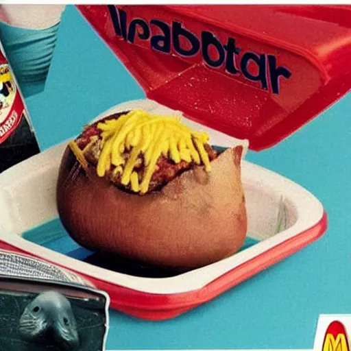 Image similar to 1990s McDonald's advertisement for a baby seal disguised as a loaded baked potato with Danny DeVito