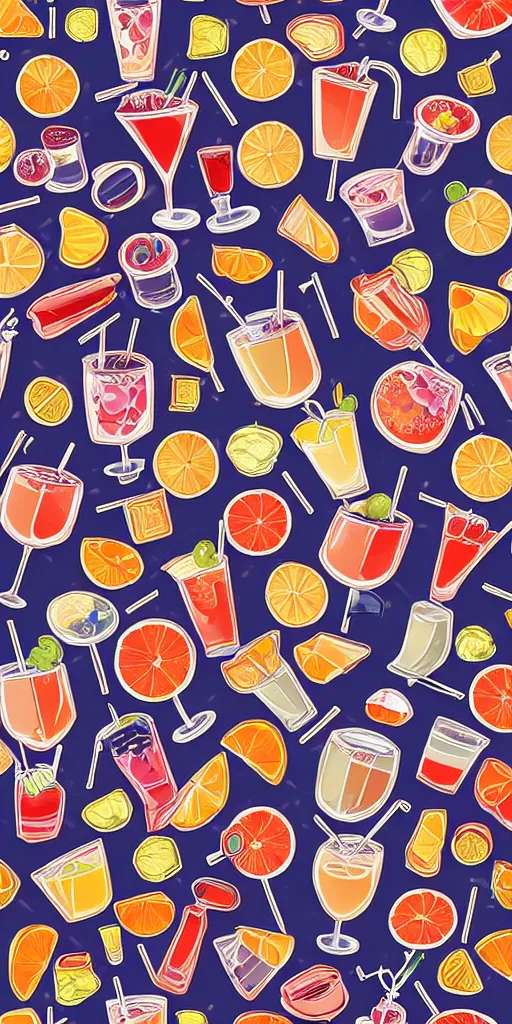 Prompt: seamless pattern of cocktails, colourful, symmetrical, repeating 35mm photography