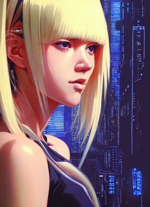 Image similar to side portrait of blonde cyborg girl with robotic parts | | head only in center of image, audrey plaza, fine detail!! anime!! realistic shaded lighting!! poster by ilya kuvshinov katsuhiro otomo ghost - in - the - shell, magali villeneuve, artgerm, jeremy lipkin and michael garmash and rob rey