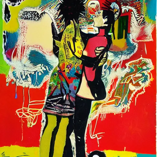 Image similar to acrylic painting of two bizarre psychedelic women kissing in japan in winter, speculative evolution, mixed media collage by basquiat and jackson pollock, maximalist magazine collage art, sapphic art, psychedelic illustration