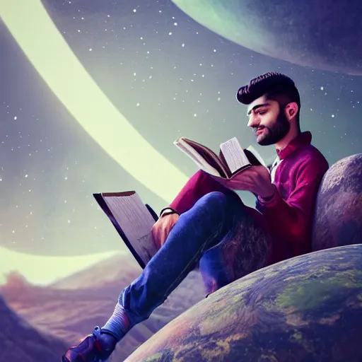 Image similar to Zayn reading a book sitting on top of a planet + Cinematic Lighting + Deep Shadows + Hyper Realistic + Hyper Maximalist + Maximalist Composition + Intricate Details + Rendered in Octane + Trending on Artstation + Hall of Fame on Cgsociety + 8K portrait + 8k Post-Processing Highly Detailed + Rendered by Octane Engine + 8K Artstation 8k Detail Post Processing + Octane Render