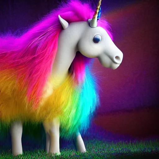 Image similar to full body pose, hyperrealistic photograph of a cute fuzzy rainbow unicorn, dim volumetric lighting, 8 k, octane beautifully detailed render, extremely hyper detailed, intricate, epic composition, cinematic lighting, masterpiece, trending on artstation, very very detailed, stunning, hdr, smooth, sharp focus, high resolution, award, winning photo, dslr, 5 0 mm