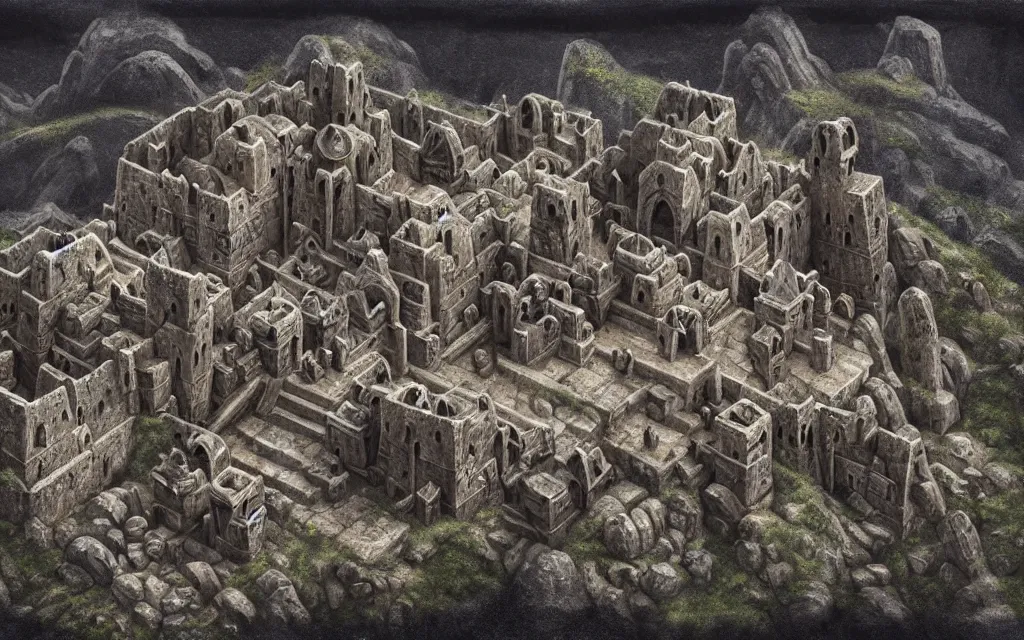 Prompt: aerial view of a dwarven fortress that was chiseled out of a mountain, matte oil painting, dark, epic, medieval fantasy landscape, deep halls, runes, braziers, waterwheels, ornate jewels, trading depots, extremely detailed, sharp focus