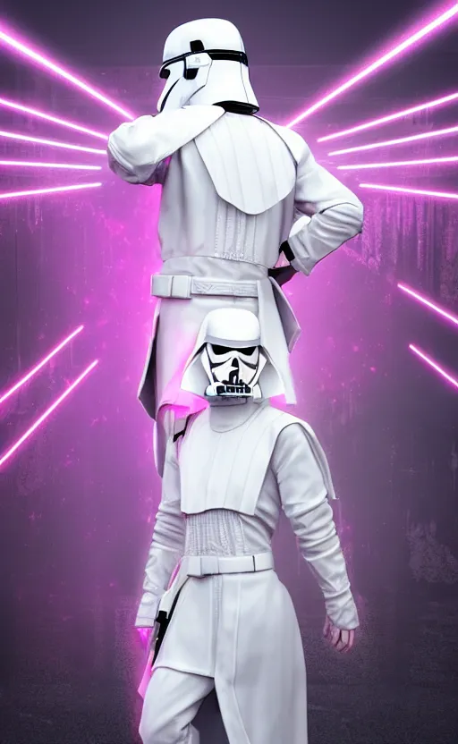 Image similar to white darth vader synth wave retro wave vapor wave white and pink lighting and clothes and tech cyberpunk style ultra realistic high quality highly detailed 8 k