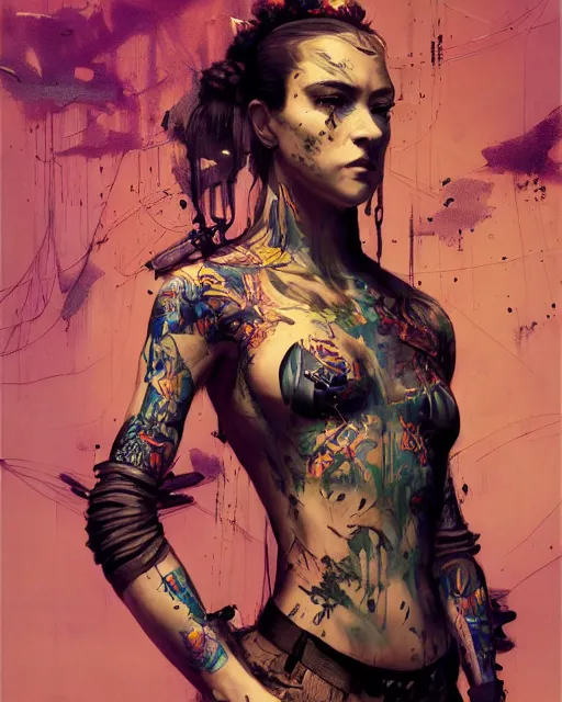 Image similar to altered carbon, detailed portrait young gangster girl cyberpunk futuristic ( ( neon ) ) tattoes, styled hair reflective gauzy fine - spun film jacket, decorated traditional ornaments by carl spitzweg ismail inceoglu dragan bibin hans thoma greg rutkowski alexandros pyromallis nekro illustrated perfect face, fine details, realistic shaded, fine - face, pretty face